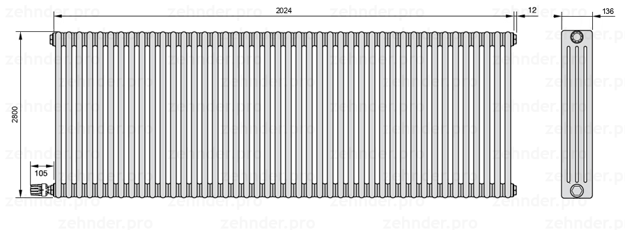 Схема (чертеж) Радиатор Zehnder Charleston 4280/44 №V003 Белый глянцевый RAL 9016